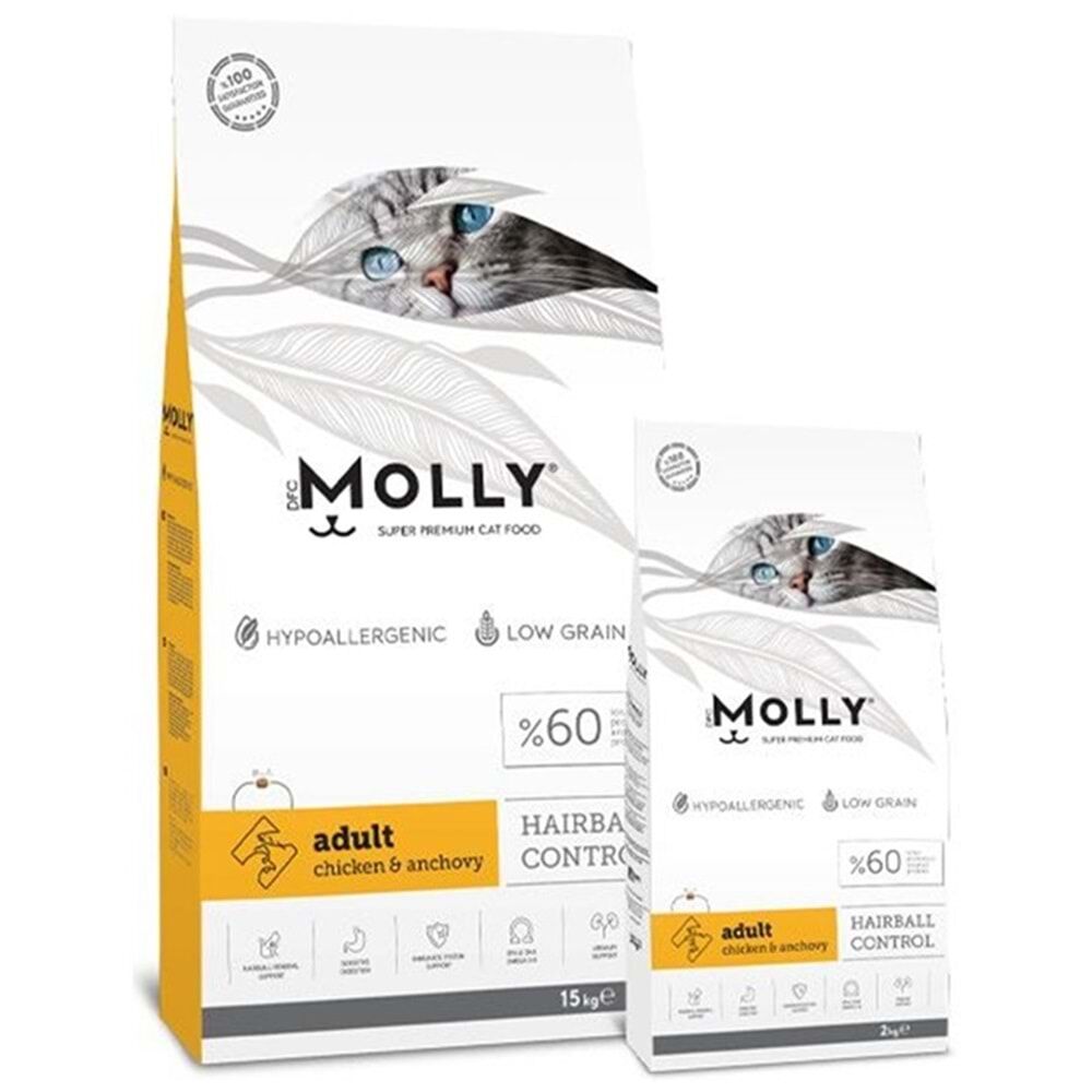 Molly Adult Chicken & Anchovy Hairball Control Tavuk Etli ve Hamsili Tahılsız Yetişkin Kedi Maması 15 Kg